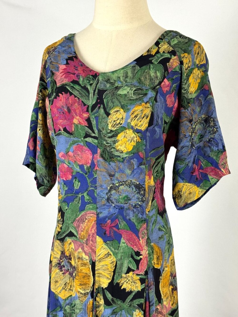 Vtg 90s Olive Painted Floral Maxi Dress Sz L Tie Back Rayon Pleated Artsy Whimsy - Picture 3 of 13